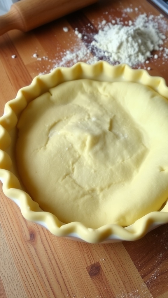 A golden-brown pie crust in a dish, with a rolling pin and flour on a wooden countertop.